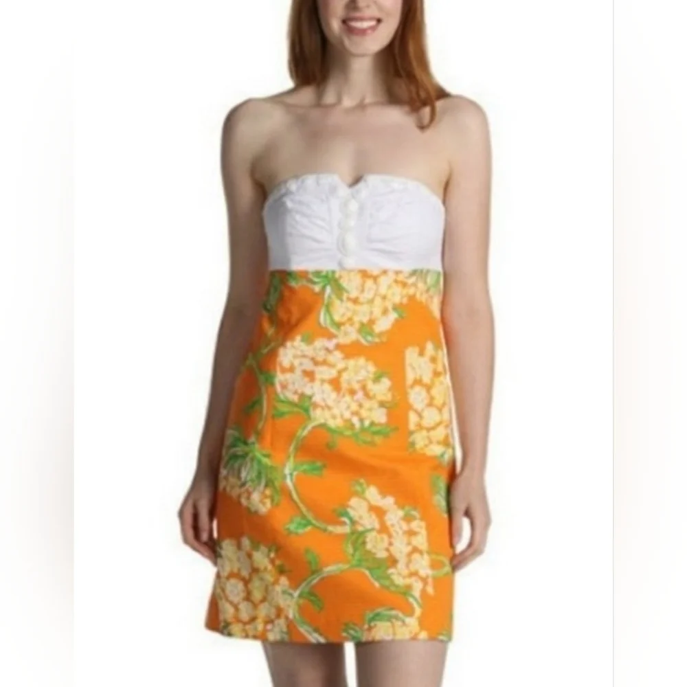 Lilly Pulitzer Bowen Strapless Shift Dress Orange Floral White Eyelet Size 2 - Picture 2 of 11